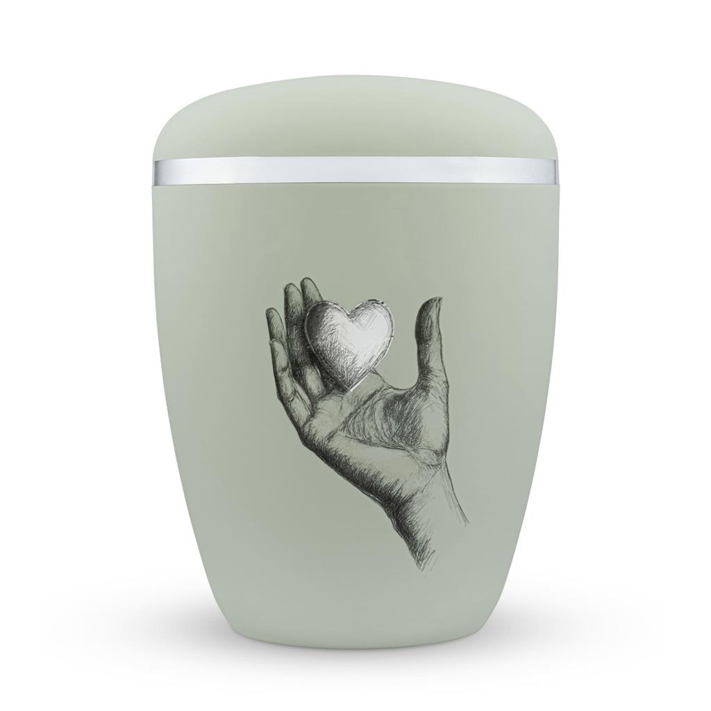 Naturstoffurne, mint-matt, "Hand mit Herz"