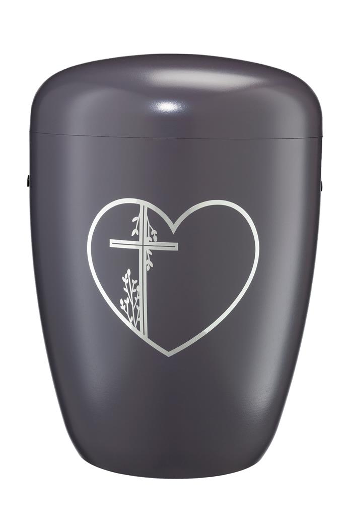 Biourne, pastell-braun lackiert, Folienemblem "Herz mit Kreuz" silber