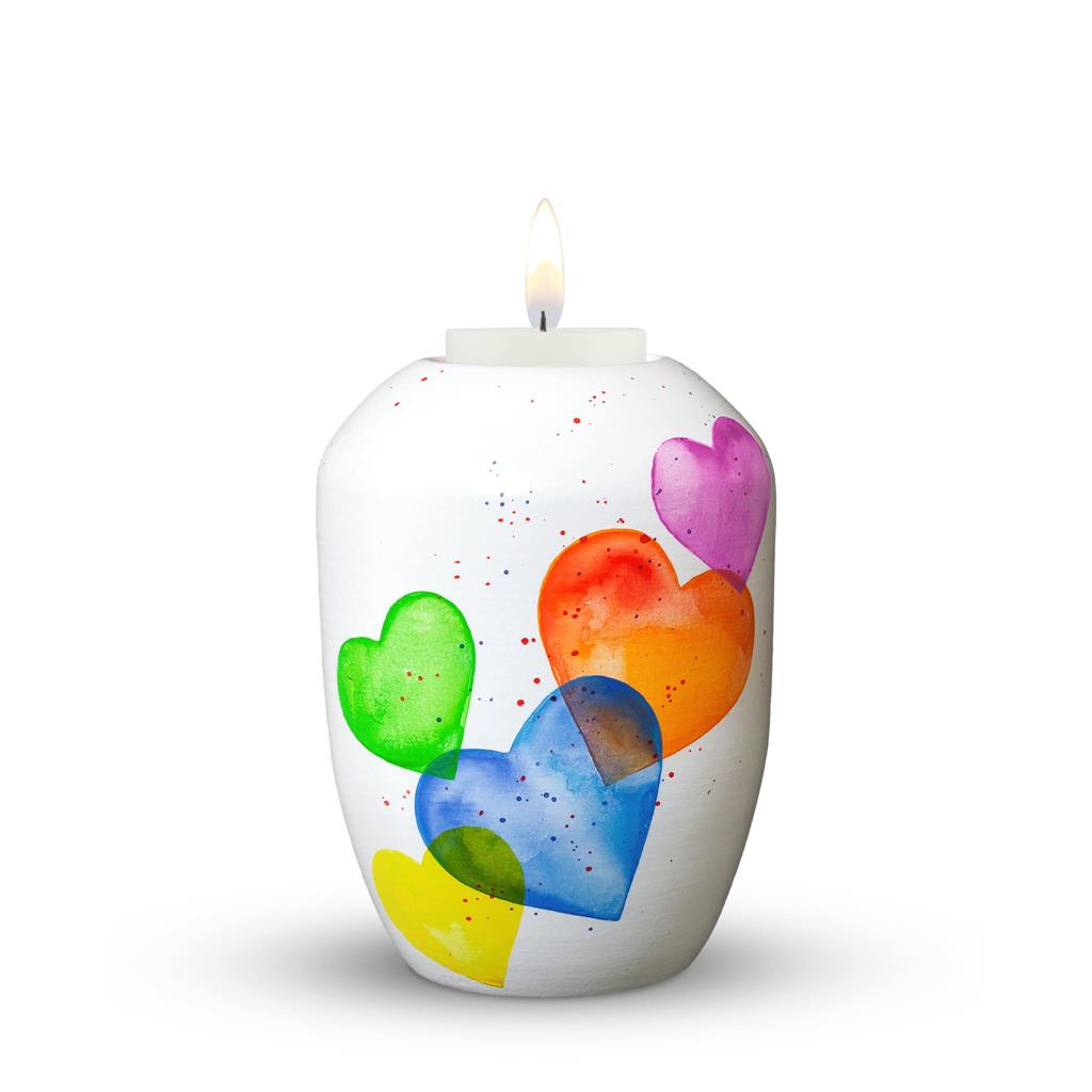 Gedenklicht, weiß, 'bunte Herzen'