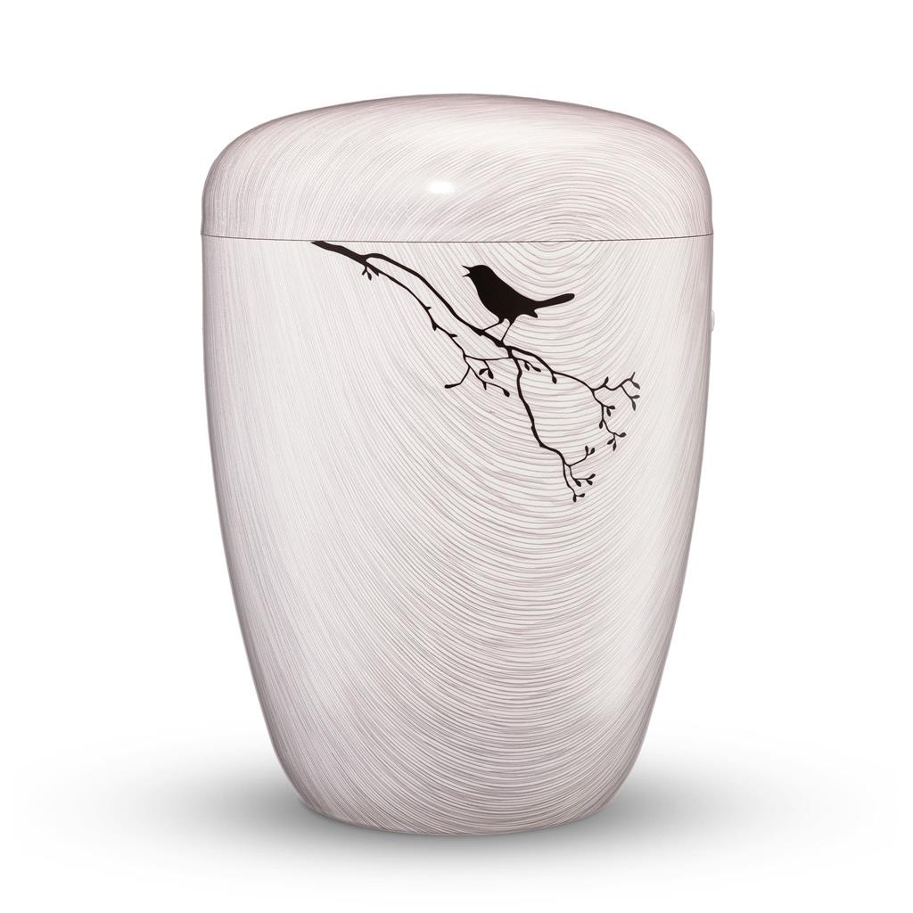 Naturstoffurne, Beschichtung "brokat -weiß",,"Vogel auf Ast"