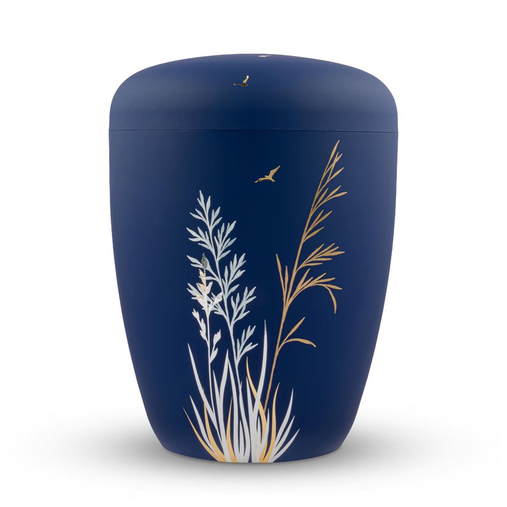 Biourne, glint-atlantic-blue lackiert Urnendesign "Gräser gold+weiß"