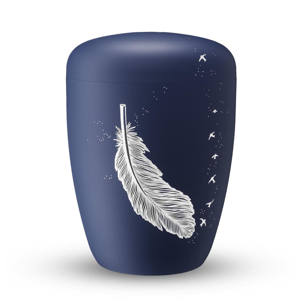 Biourne, glint-atlantic-blue lackiert Urnendesign "Feder mit Schwalbe"