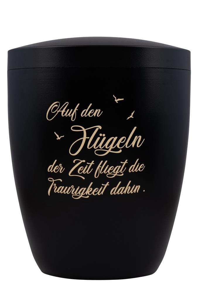 Biourne, schwarz lackiert, Text "Auf den Flügeln..."