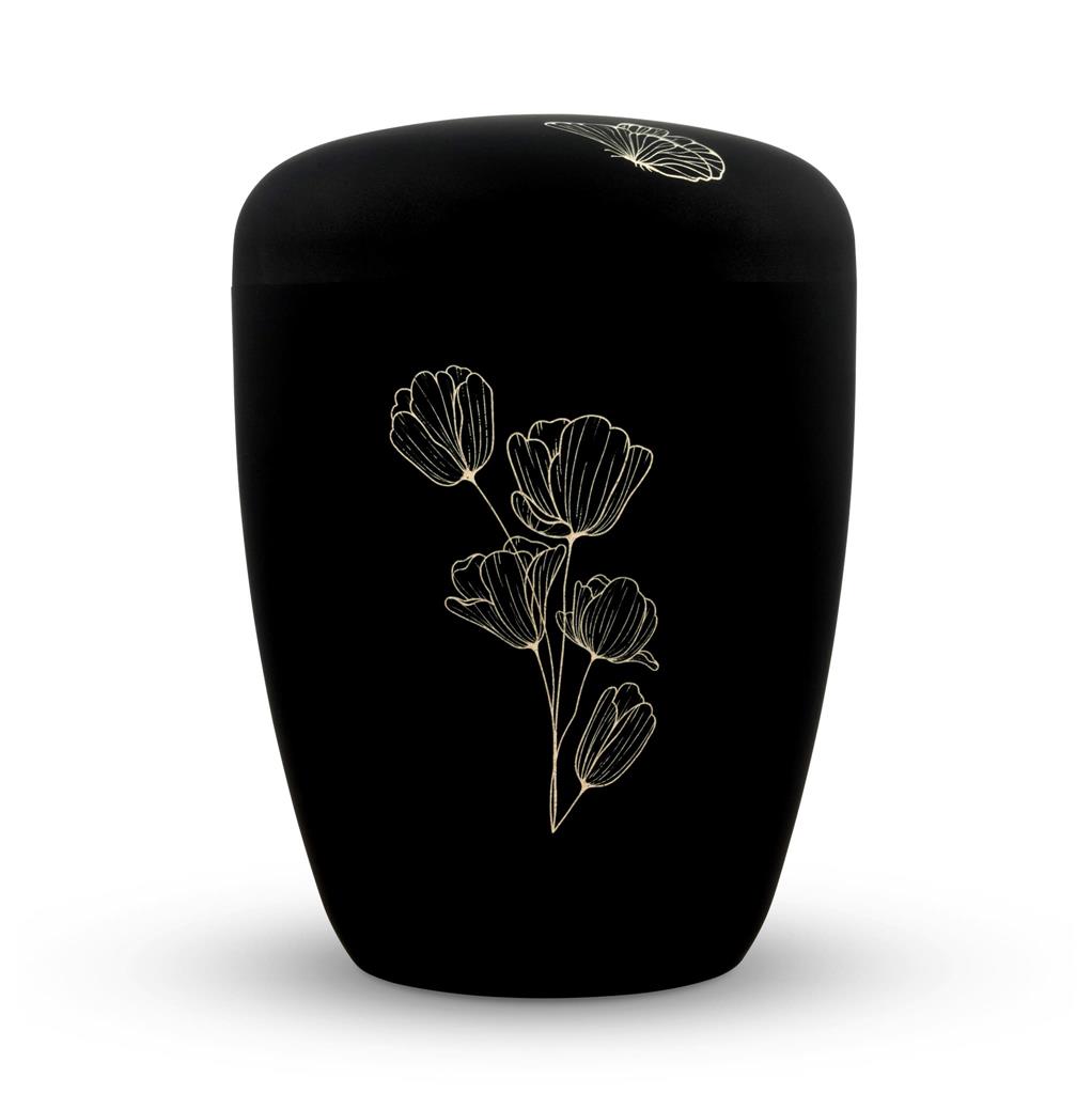 Naturstoffurne, schwarz, Gravur "Blume"