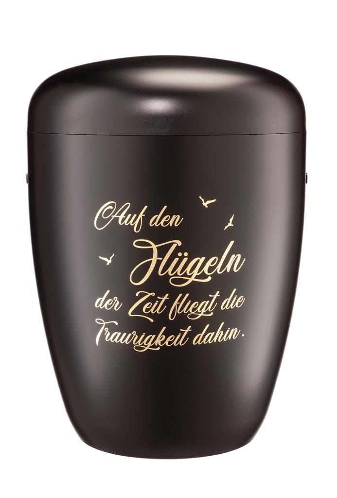 Biourne, schwarz lackiert, Text "Auf den Flügeln..."