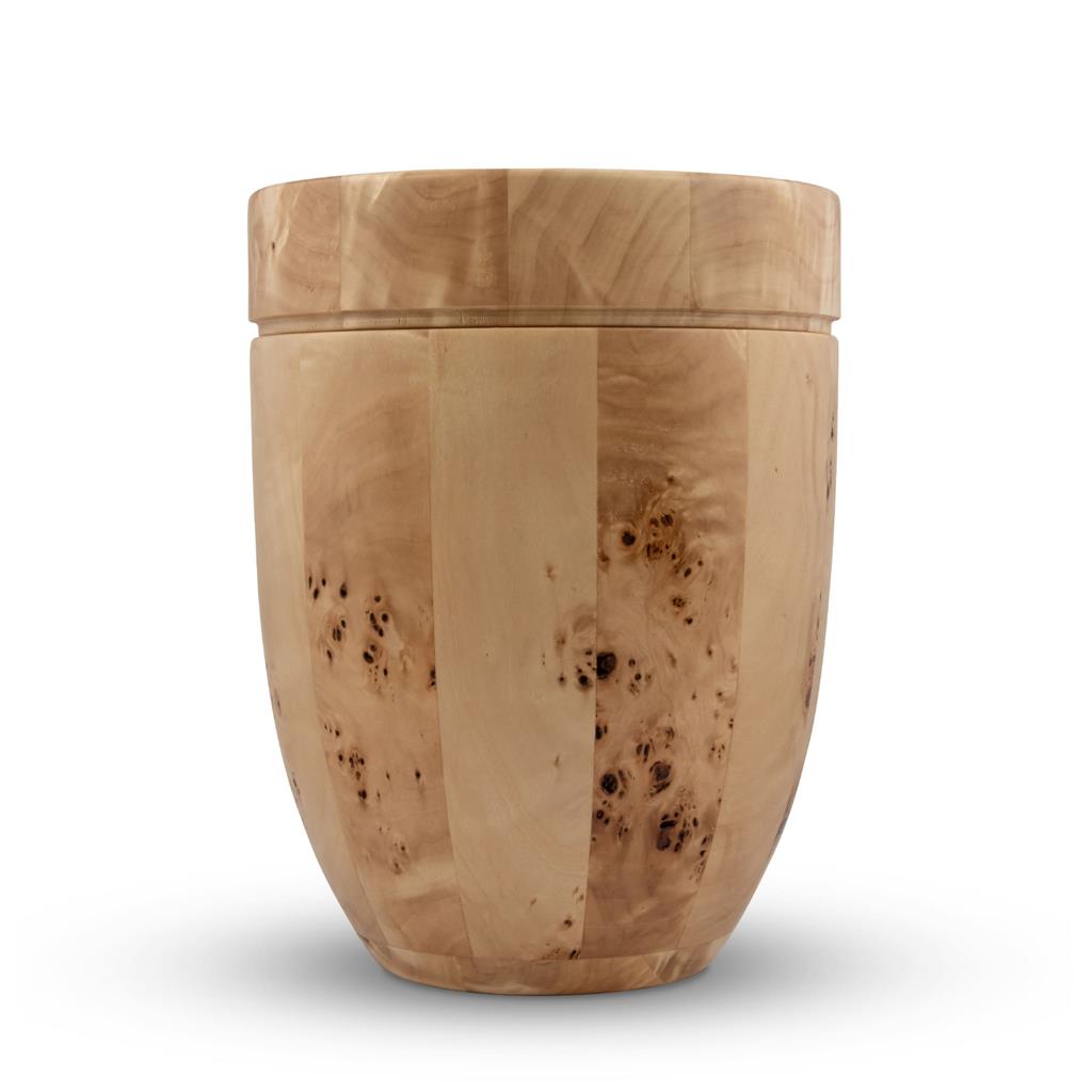Holzurne, runde Form, flacher Deckel, Pappel, natur lackiert