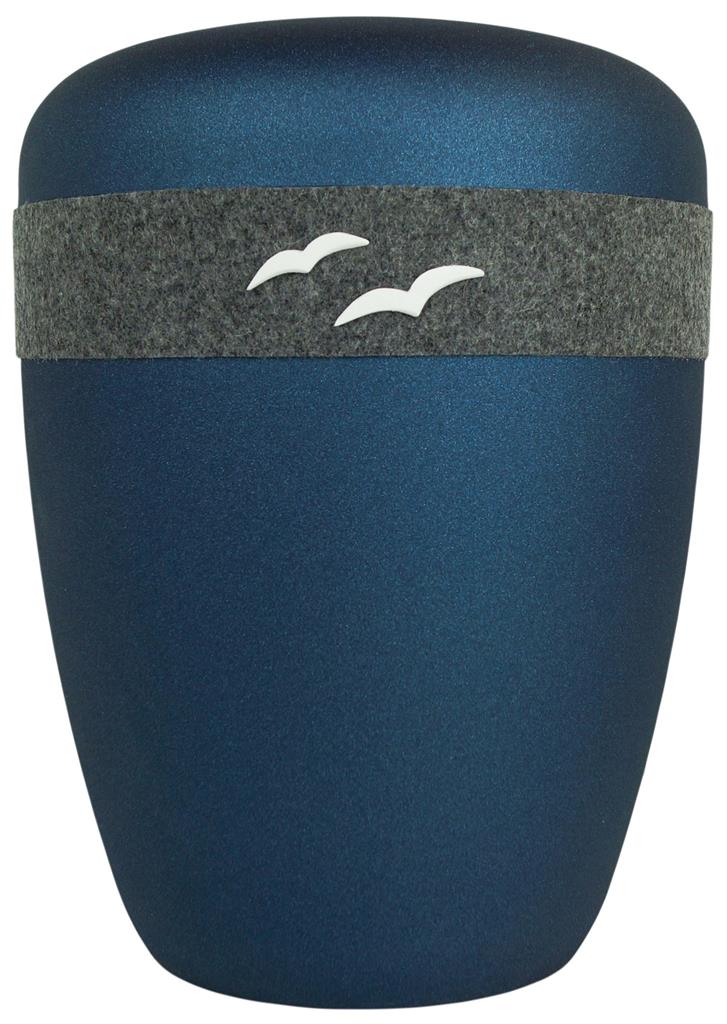 Naturstoffurne, glint-blue, Lodenband grau, Vögel