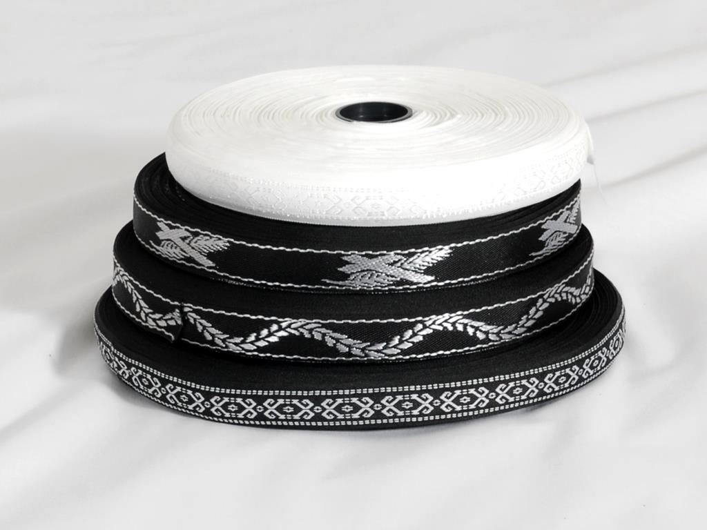 Lotband schwarz mit Spitze, Kreuz- Palme weiß, Rolle = 50 m