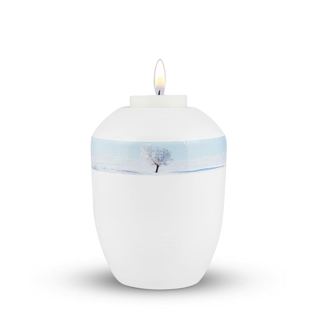 Gedenklicht, weiß lackiert, Foto- banderole "Baum im Winter"