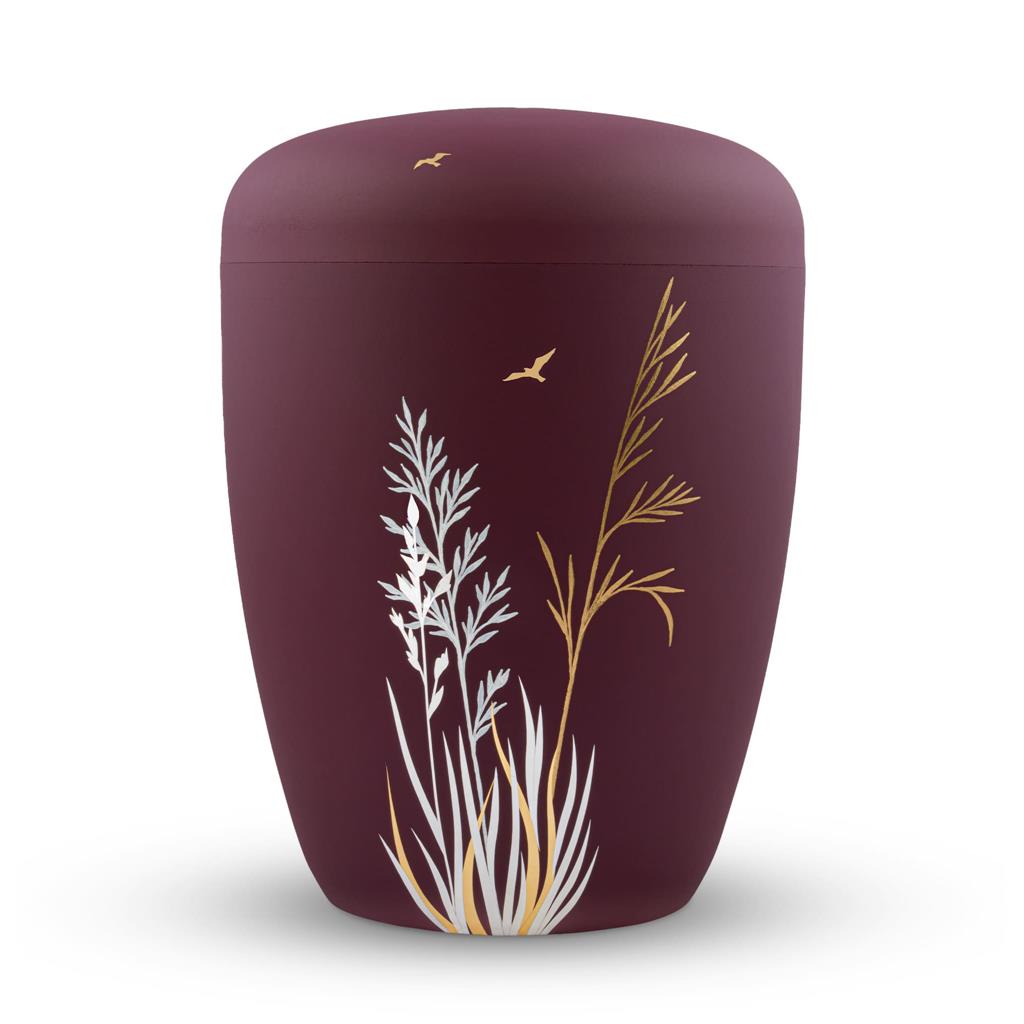 Biourne, beere-matt lackiert, Urnendesign "Gräser weiß+gold"