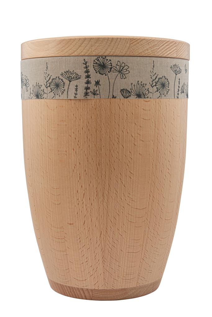 Holzurne, moderne Form, Eiche, gewachst, Textilband "Blüten"