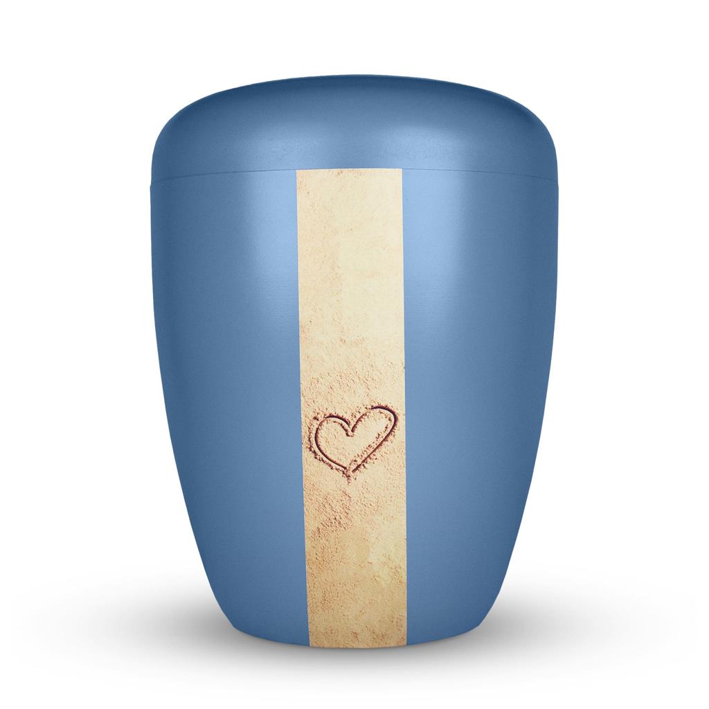 Biourne, pastell-blau lackiert, Foto-Banderole "Herz im Sand"