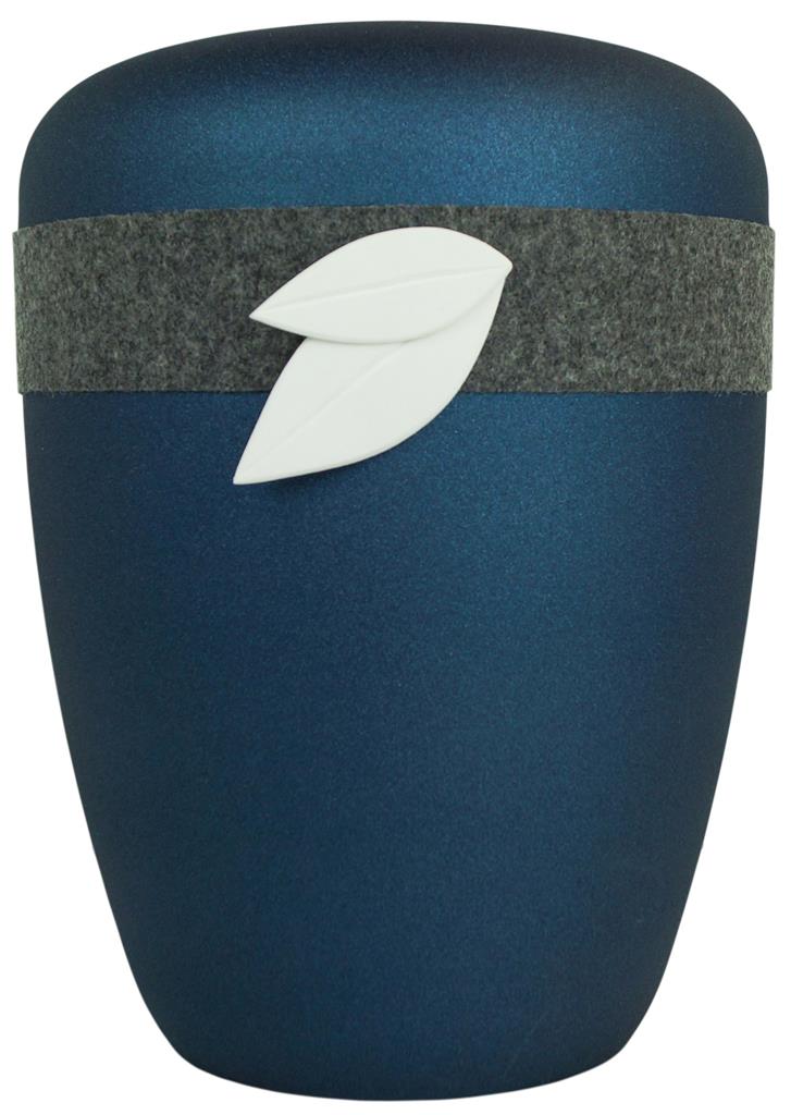 Naturstoffurne, glint-blue, Lodenband grau, Blätter