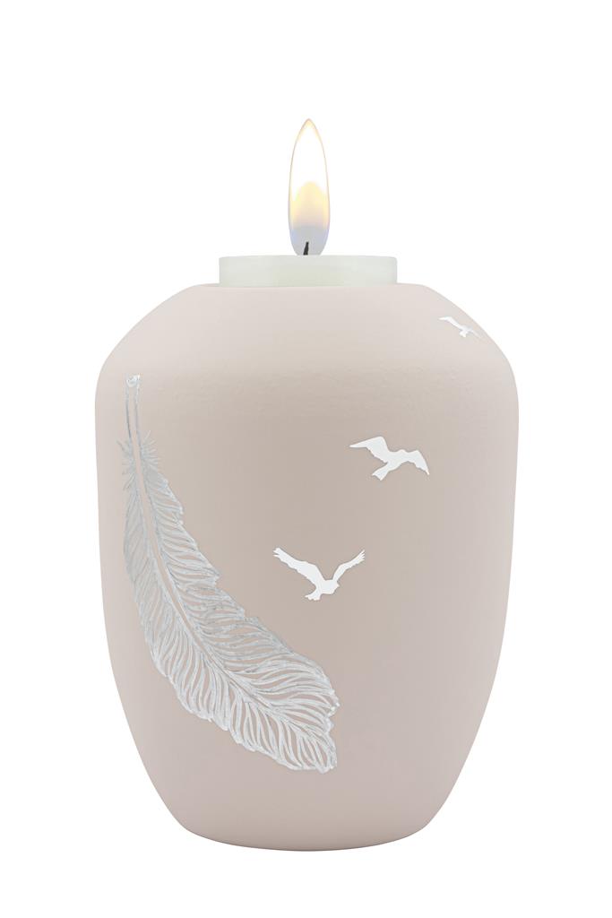 Gedenklicht, rosé-matt, 'Feder+Schwalben'